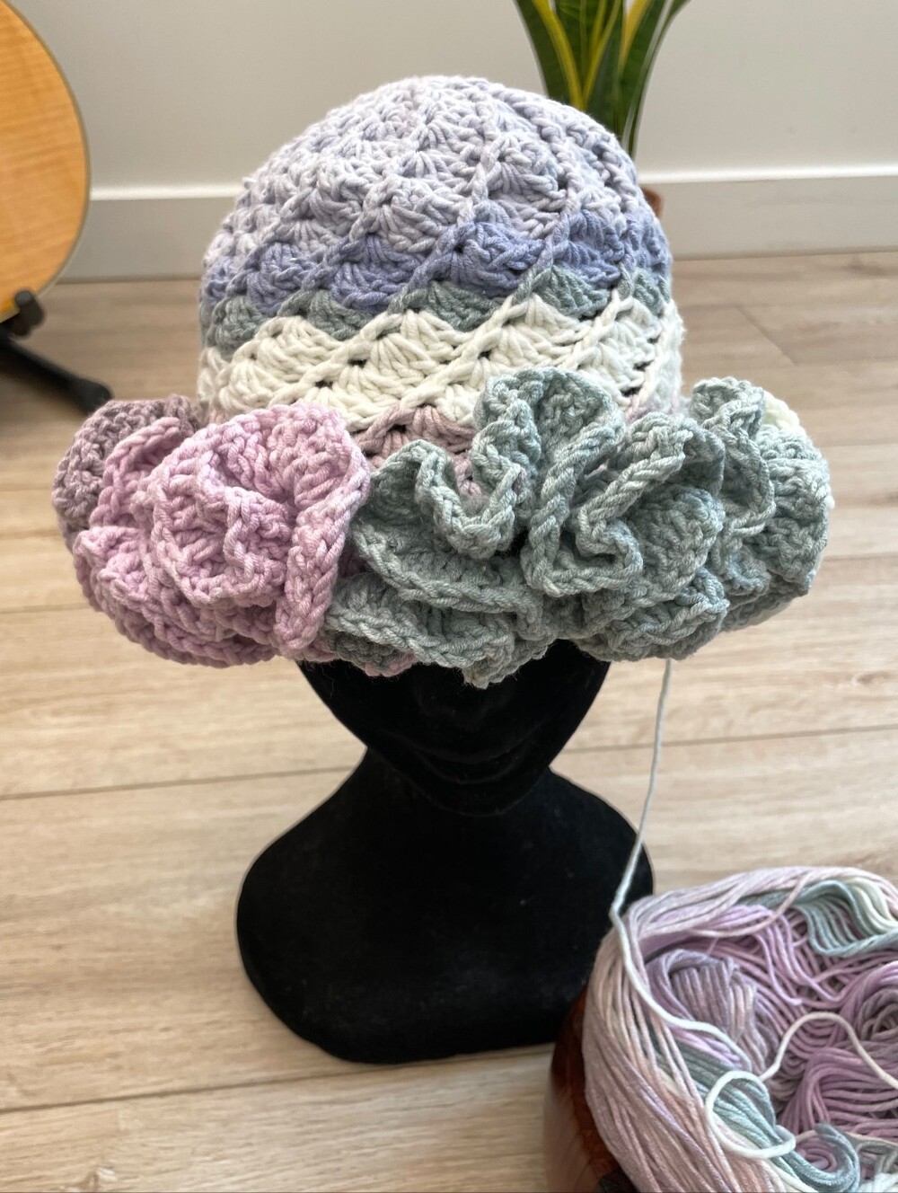 Handcrafted Crochet | Sculptural Ruffle Trim Hat |  Pastel Tones - Picture 3 of 9